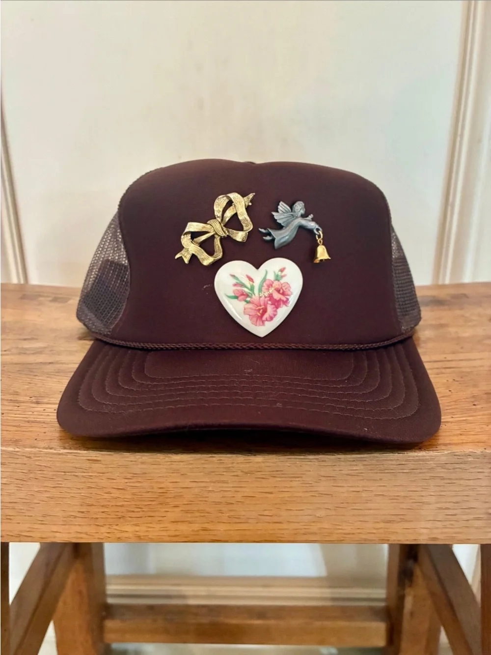 Brown Trucker Hat with Floral Heart and Decorative Pins